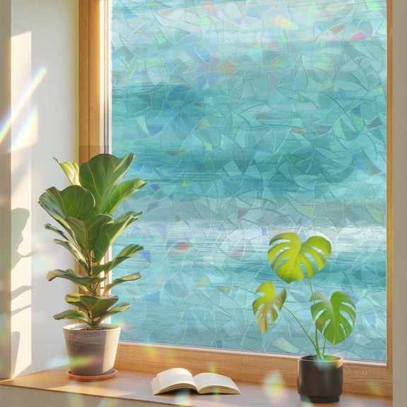 Teal Green White Abstract Window Privacy Film, Mottled Oil Painting Texture Modern Stained Glass Rainbow Film Decorative Window Clings, Static Cling Sun Blocking Stickers 29.5" x 118"