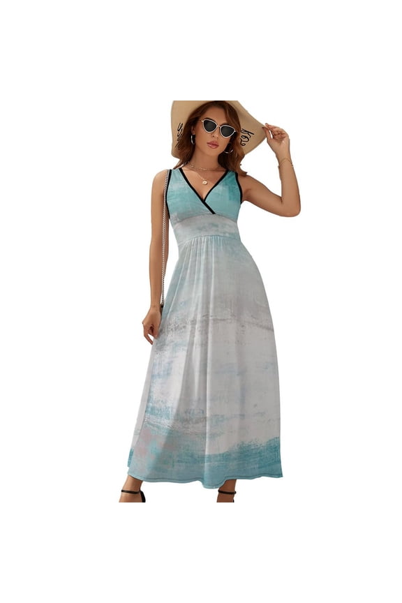 Teal Green White Graffiti Abstract Art Dress Summer Street Style Bohemia Long Dresses Female Sleeveless Printed Maxi Dress