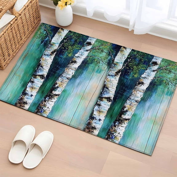 Teal Green Wood Print Bathroom Rug Washable 2x3 Entryway Rug Non Slip Vintage Trunk Leaf on Branch Front Door Mat Low Pile Indoor Doormat Throw Floor Carpet for Kitchen Bedroom Entrance