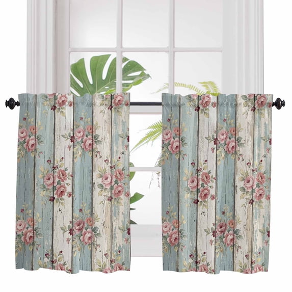 Teal Green Wooden 2 Panel Kitchen Curtains for Windows, Farmhouse Pink Florals Distressed Bathroom Privacy Curtain, Home Décor Window Treatment for Bedroom/Living Room 55"x45"
