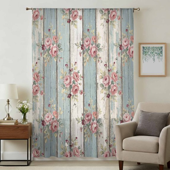 Teal Green Wooden Sheer Curtains 72 Inches Long, Farmhouse Pink Florals Distressed Light Filering Curtains, Breathable Simi Curtain Privacy Drapes for Living Room Bedroom Lightweight Window Treatment