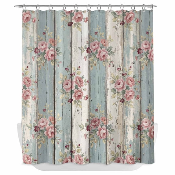 Teal Green Wooden Shower Curtain - Water Repellent Fabric Shower Curtains Washable, Farmhouse Pink Florals Distressed Decorative Polyester Cloth Bathroom Curtains Modern Bath Decor 72"x84"