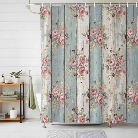 Teal Green Wooden Shower Curtains for Bathroom, Farmhouse Pink Florals Distressed Waterproof Fabric Shower Curtain, Decorative Bathroom Curtain for Bathtub, 36"x72", No Hooks Included