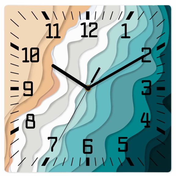 Teal Green Wooden Wall Clock Silent Non Ticking, Geometric Brown White Beach Waves Gradient Square Wall Clocks Battery Operated, Decor Clock for Home Office, Living Room, Kitchen, 10 Inch