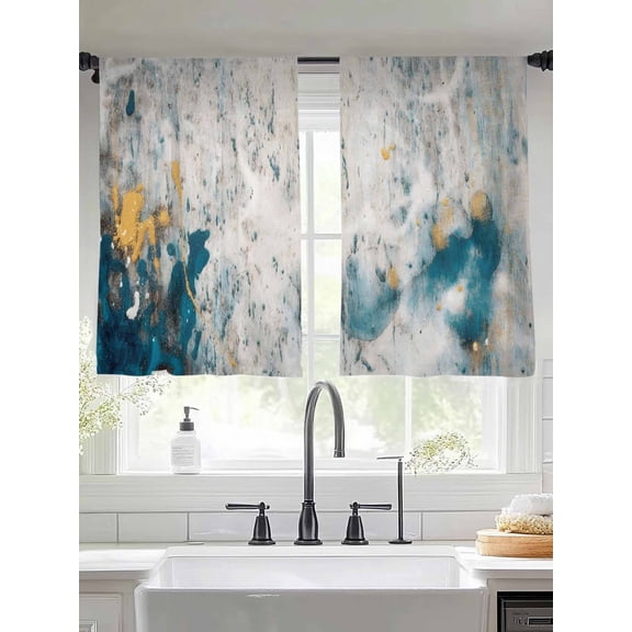 Teal Grey Abstract Art Sheer Curtains 45 Inches Long 2 Panels Modern Graffiti Texture Retro Light Filtering Semi Sheer Window Curtains Drapes for Bedroom Living Room 52"x45"