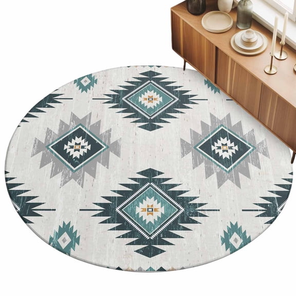 Teal Grey Area Rug, Aztec Ethnic Southwestern Native Geometric Non-Slip Felt Rubber Backing Round Indoor Carpet Washable Rugs for Living Room Bedroom 3ft