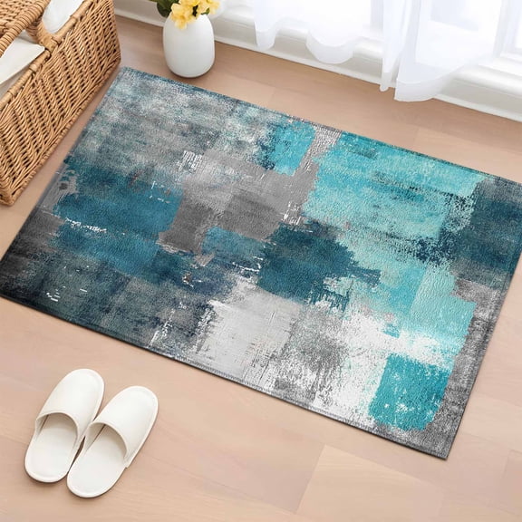 Teal Grey Area Rugs 2x3 for Living Room, Abstract Art Oil Painting Modern Geometric Non Slip Washable Rug Runner, Low Pile Indoor Floor Carpet Mat Bathroom Rugs for Bedroom, Kids Room