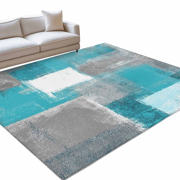 Teal Grey Area Rugs 5x7ft Graffiti Art Mottled Abstract Geometric Oil Painting Washable Rug, Non Slip Indoor Carpet Absorbent Floor Mat for Living Room Bedroom Dining Room