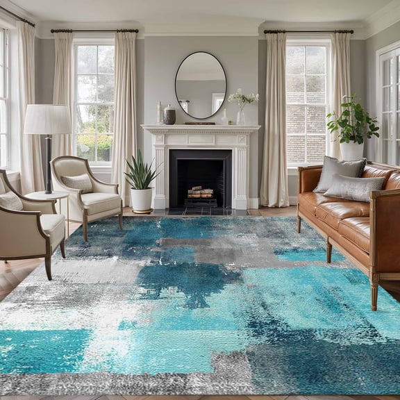 Teal Grey Area Rugs 6x9 for Living Room, Abstract Art Oil Painting Modern Geometric Non Slip Washable Rug Runner, Low Pile Indoor Floor Carpet Mat Bathroom Rugs for Bedroom, Kids Room