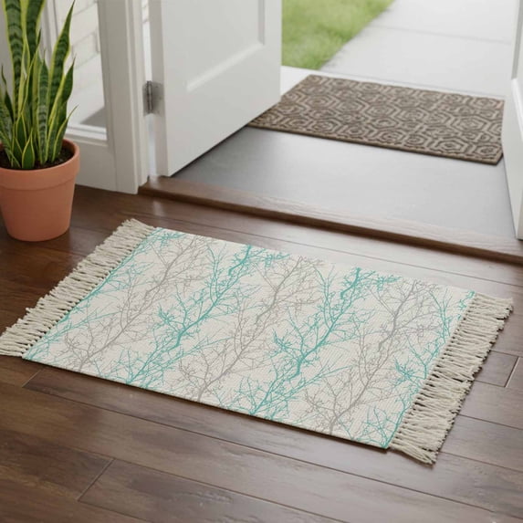 Teal Grey Branch Bathroom Rug 2'x3', Spring Summer Pastoral Botanical Low Profile Front Entryway Rug with Tassels, Woven Cotton Washable Kitchen Mat Carpet for Foyer Bedroom Back Door Decor