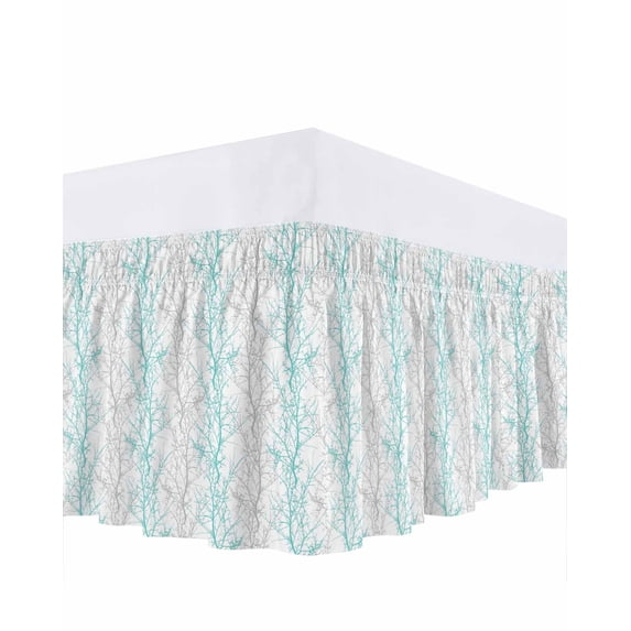 Teal Grey Branch Bed Skirt King Size, Spring Summer Pastoral Botanical Wrap Around Bed Skirting with Adjustable Elastic Strap, Dust Ruffle Pleated Bedskirts 16 Inch Drop for Bedroom King Beds