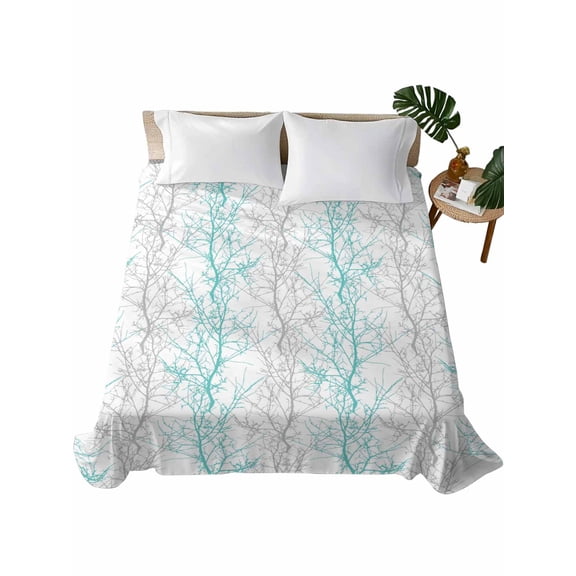 Teal Grey Branch Flat Sheet Only Twin Size, Soft Breathable Bed Top Sheets for Mattress, Spring Summer Pastoral Botanical Luxury Bedding Flat Sheets for Home Hotel Bedroom Bed Protection