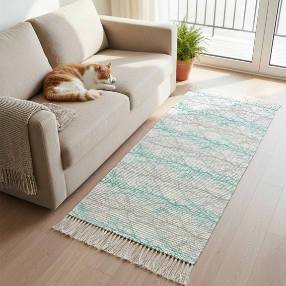 Teal Grey Branch Kitchen Runner Rug 2'x4', Spring Summer Pastoral Botanical Washable Rug with Tassels, Non Slip Woven Cotton Bathroom Rugs Hallway Carpet for Foyer Bedroom Entry Back Door Decor