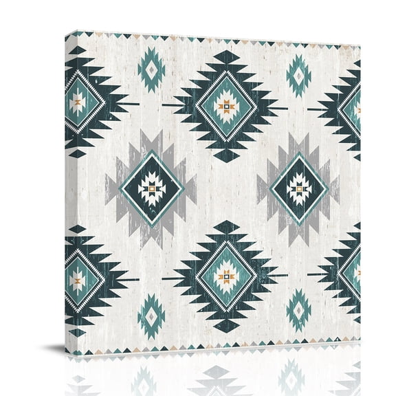 Teal Grey Canvas Wall Art for Living Room, Aztec Ethnic Southwestern Native Geometric Poster Print Painting for Bedroom Office Home Decoration Wall Pictures Prepare To Hang 8"x8"