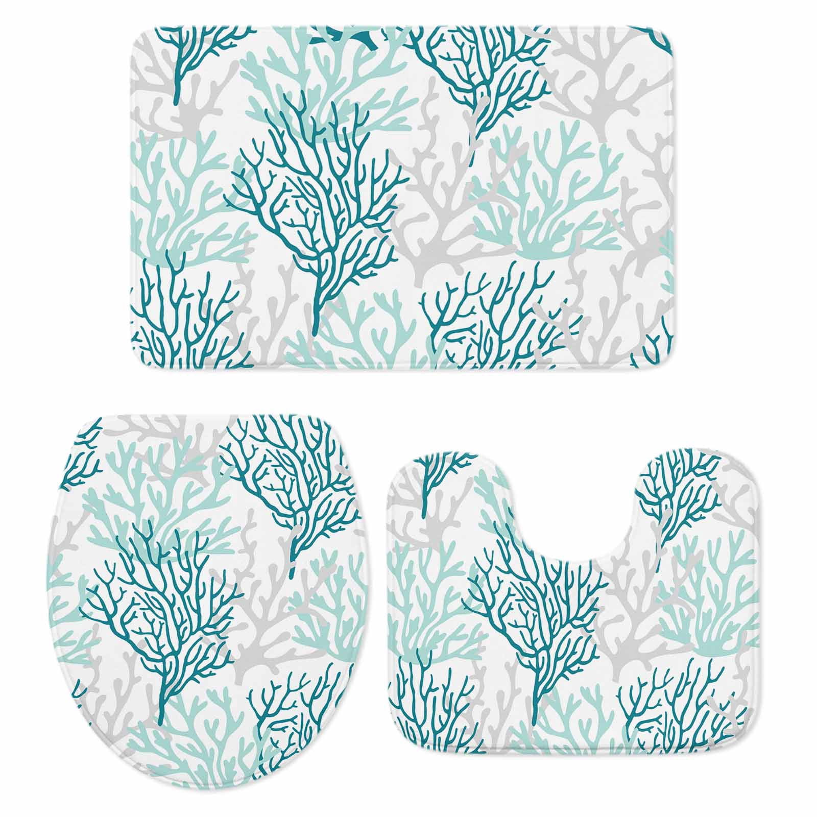 Teal Grey Coral Coastal Bath Mat 3 Piece Bathroom Rug Set, Summer Beach Seaside Nautical Non Slip Bath Rug Contour Mat and Toilet Lid Cover, Absorbent Shower Mats Soft Bath Rugs and Mats Sets
