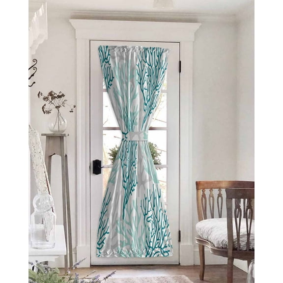 Teal Grey Coral Coastal Blackout Curtains, French Door Curtains for Door Window, Summer Beach Seaside Nautical Privacy Drapery for Patio/Sidelight Doors, 1 Panel with Tieback, 54 x 72 Inches