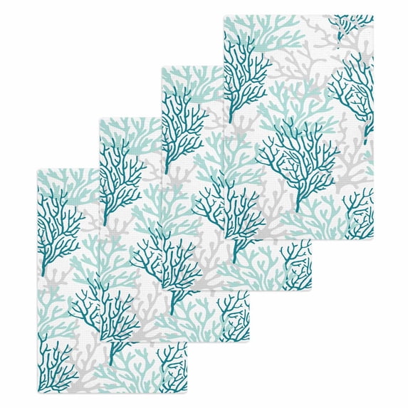 Teal Grey Coral Coastal Hand Towels Set,Waffle Weave Kitchen Towels 4 Pieces,Microfiber Hair Face Bath Tea Towel Absorbent Quick Drying Cleaning Dish Cloths,Summer Beach Seaside Nautical 15.7"x23.6"