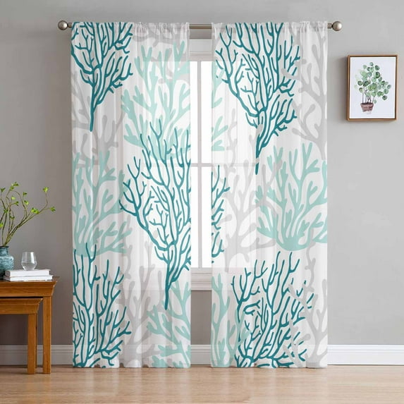 Teal Grey Coral Coastal Sheer Curtains 63 Inches Length 2 Panels Set, Window Sheer Curtains for Living Room/Bedroom, Summer Beach Seaside Nautical Light Filtering Rod Pocket Curtain 52'' x 63'' x 2