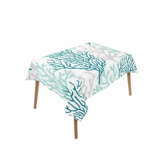 Teal Grey Coral Coastal Table Cloth, Summer Beach Seaside Nautical Waterproof Tablecloth for Rectangle Tables, Reusable Washable Fabric Table Cover for Restaurant Kitchen Dining Tables 52"x70"