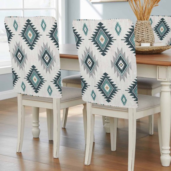 Teal Grey Dining Chair Back Cover Only, Aztec Ethnic Southwestern Native Geometric Set of 4 Chair Back Covers, Removable Washable for Dining Room, Banquet & Holiday Decoration