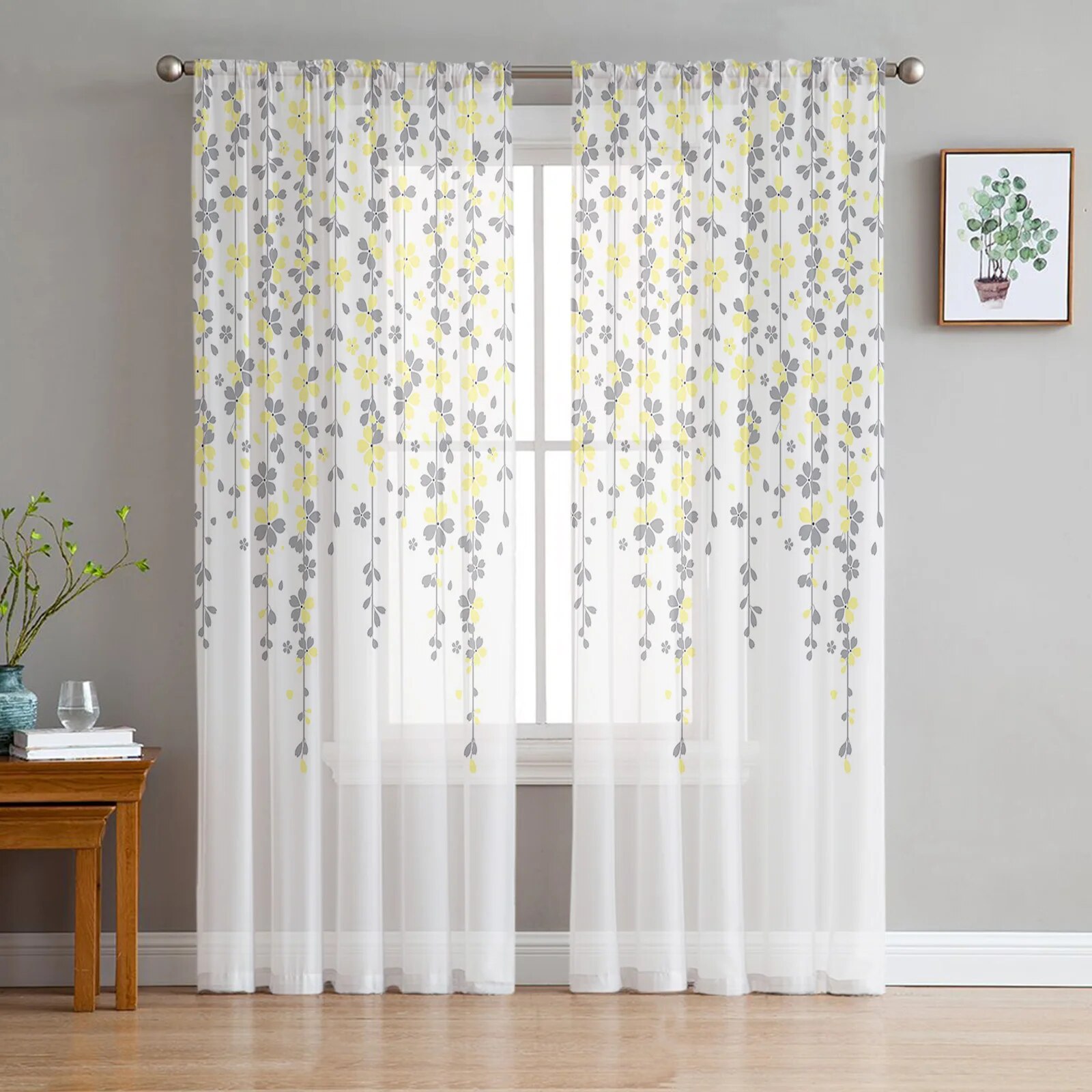 Teal Grey Floral Tulle Curtains for Living Room Bedroom Modern Chiffon