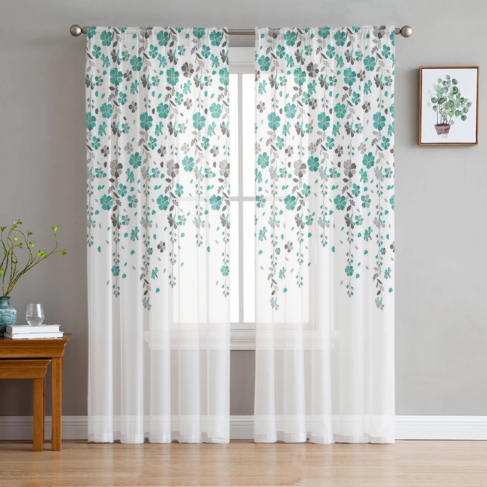 Teal Grey Floral Tulle Curtains for Living Room Bedroom Modern Chiffon