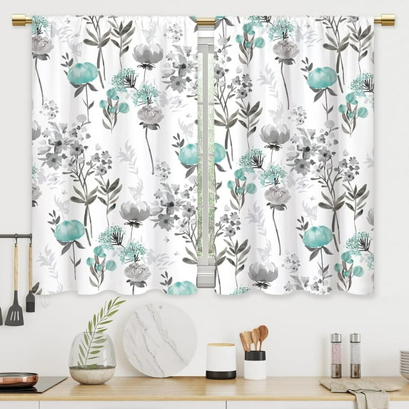 Teal Grey Flower Kitchen Curtains Floral Bathroom Curtains Window Treatment Drapes Tier Botanical Plant Rose Herb Wildflower Cafe Small Bedroom Short French Door Curtains 2 Panels 27.5x39 Inch