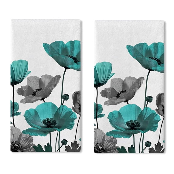 Teal Grey Flower Kitchen Dish Towels Set of 2, Turquoise Floral Drying Hand Towel Baking Cooking Cloth, Spring Summer Bathroom Home Decoration 16 x 24 Inches