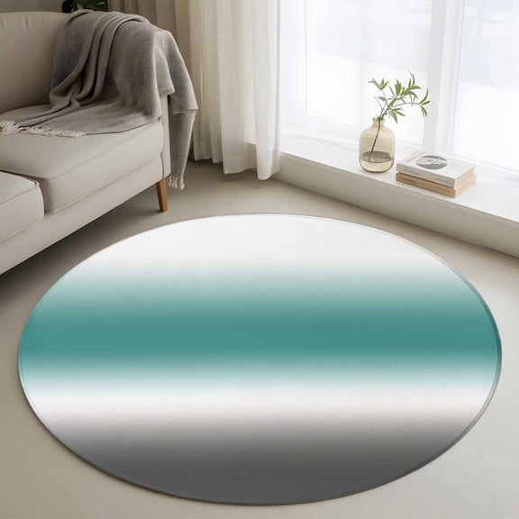 Teal and Grey Gradient Round Rugs for Living Room 3ft Minimalist Turquoise Gray Ombre Modern Non Slip Circle Rug Washable Low-Profile Indoor Carpet for Bedroom, Dining Room, Bathroom