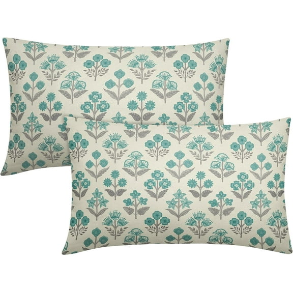 Teal Grey Gray Floral Pillow Covers 12x20 Inch Set of 2, Block Print Lumbar Flower Cream Decorative Throw Pillowcases Outdoor Farmhouse Rectangle Cushion Covers Spring Summer Sofa Couch Bed Decor
