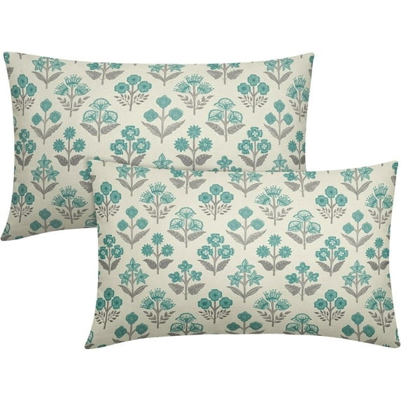 Teal Grey Gray Floral Pillow Covers 12x20 Inch Set of 2, Block Print Lumbar Flower Cream Decorative Throw Pillowcases Outdoor Farmhouse Rectangle Cushion Covers Spring Summer Sofa Couch Bed Decor