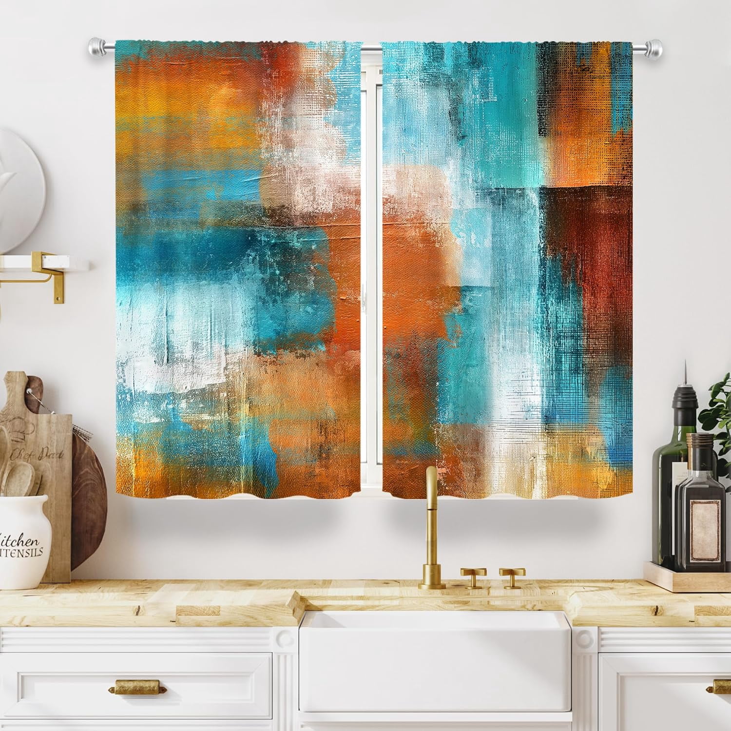 Teal Grey Kitchen Curtains 27.5Wx63H Inch Rod Pocket Square Geometric Checkered Blocks Contemporary Oil Paint Bedroom Window Drapes Colorful Aesthetic Printed Living Room Window Treatment
