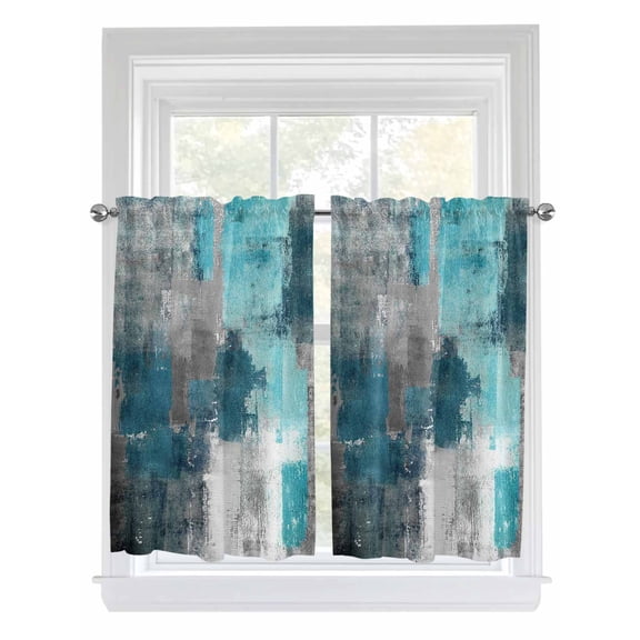 Teal Grey Kitchen Curtains 54 Inches length, Abstract Art Oil Painting Modern Geometric Window Treatment Curtain Drapes, Thermal Insulated Drapes for Basement Hotel RV, 42"x54", 2 Panels