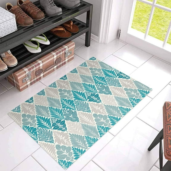 Teal Grey Leaf Branch Boho Nature PlantIndoor Outdoor Welcome Doormat, Entrance Mat Rug Outside Patio for Kitchen Bedroom Rug Durable & Washable-18x30inch