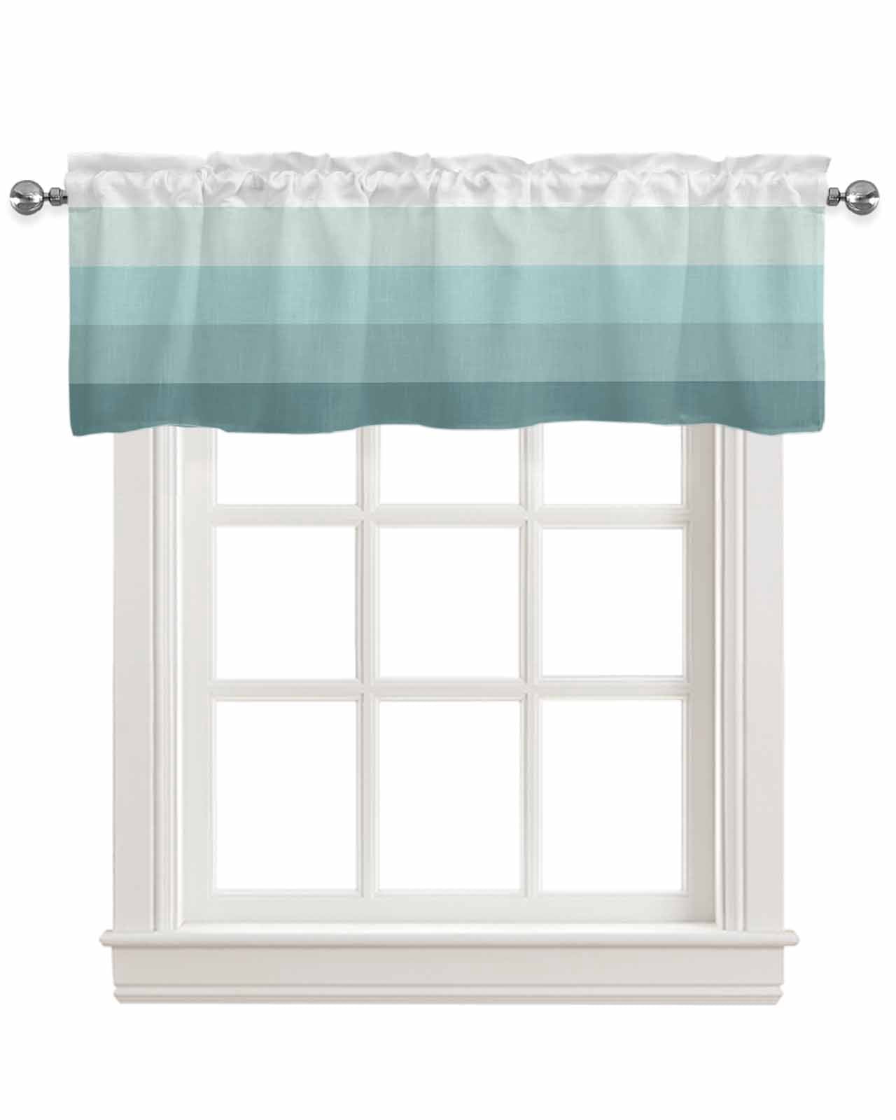 Teal Grey Linen Curtain Valance for Bedroom/Bathroom/Kitchen/Office/Living/Dining Room Window,Minimalist Geometric Turquoise Stripes Pocket Topper Drapes Decorative Cafe Drapery Panel 42"x18"