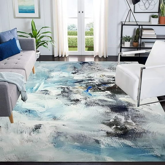 Teal Grey Marble Area Rug For Living Room Bedroom, Vintage Abstract Modern Soft Washable Carpet, Indoor Decorative Rugs With Non-Slip Backing 5 x 6ft
