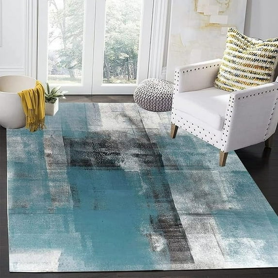 Teal Grey Marble Area Rug, Modern Abstract Print Rugs, Non Slip Machine Washable Easy Care Carpet For Indoor Living Room Bedroom Study Apartment Home Decor 2 x 3ft