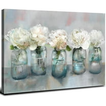 Teal Grey Mason Jar Flower Wall Art Canvas Abstract Texture Oil Painting Prints Bathroom Wall Decor White Floral Artwork Bedroom Wildflower Picture for Living Room Office Dorm Home Decorations 12x16"
