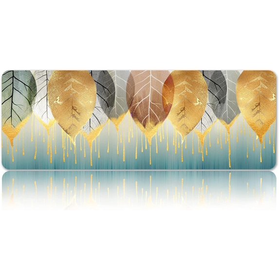 Teal Grey Mouse Pad Large Gaming Mouse Pad XL Gold Leaves Laptop Desk Protector Mat Extended Keyboard Mat Office Vintage Leaf Plant Big Mousepad Long Stitched Edge Non-Slip 31.5x11.8Inch