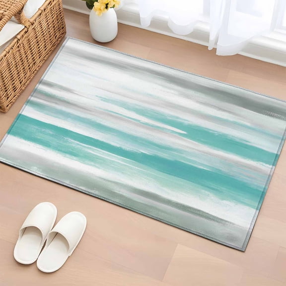 Teal Grey Ombre Area Rugs 2x3 for Living Room, Abstract Art Oil Painting Modern Non Slip Washable Rug Runner, Low Pile Indoor Floor Carpet Mat Bathroom Rugs for Bedroom, Kids Room