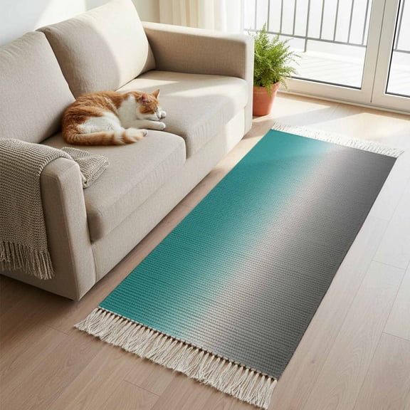 Teal Grey Ombre Hallway Runner Rug 2'x6', Turquoise Gradient Modern Abstract Art Washable Entryway Rug with Tassels, Woven Cotton Laundry Room Rugs Long Carpet for Bathroom Sink Foyer Bedroom