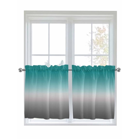 Teal Grey Ombre Kitchen Curtains Tier 24 Inch Length, Turquoise Gradient Modern Abstract Art Rod Pocket Light Filtering Window Curtains Living Room Bedroom Curtain Drapes Cafe Curtain 27.5''x24''x2