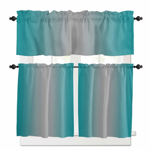 Teal Grey Ombre Kitchen Curtains and Valances Set, 3 Piece Kitchen Curtains Set 24 Inch Length, Gradient Contemporary Abstract Art Rod Pocket Curtains Tier Farmhouse Window Curtains