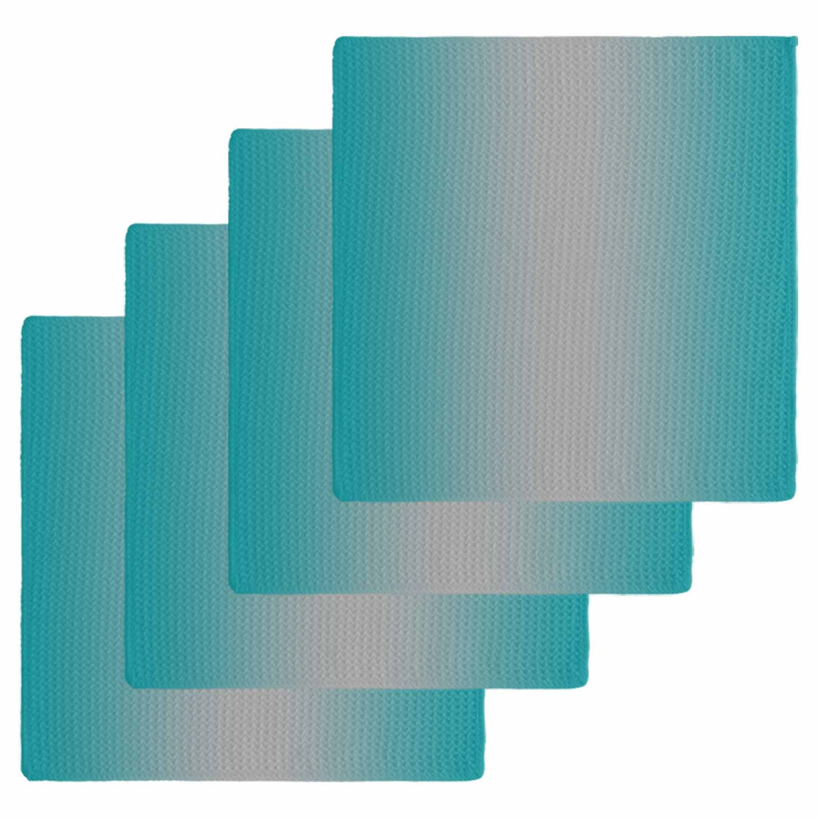 Teal Grey Ombre Kitchen Dish Towels for Drying Dishes Set of 4, Gradient Contemporary Abstract Art Waffle Weave Microfiber Hand Tea Bathroom Towels Quick Dry & Absorbent Towel 12x12