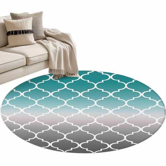 Teal Grey Ombre Morocco Pattern 3ft Area Rug, Modern Moroccan Geometric Washable Non-Slip Small Round Rugs for Entryway Bedroom Kitchen, Soft Circle Carpet for Dining Room, Playroom Nursery Rug