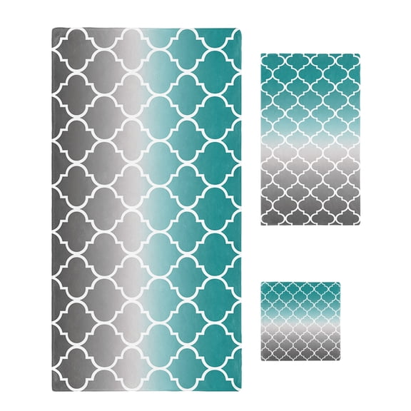 Teal Grey Ombre Morocco Pattern Bath Towels for Bathroom Set,Luxury Microfiber Towels Gifts for Women,Beach Kitchen Hand Hair Face Towel and Dish Washcloth,Modern Moroccan Geometric Towels+Set
