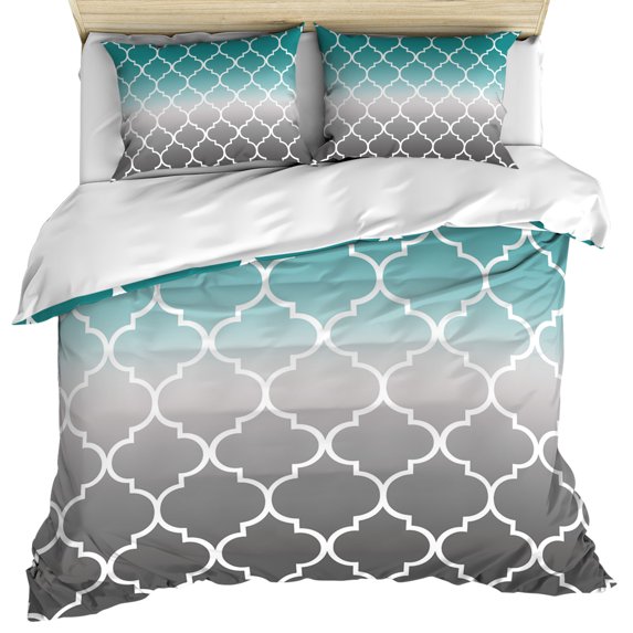 Teal Grey Ombre Morocco Pattern Bedding 3 Piece Duvet Cover Set California King, Modern Moroccan Geometric Soft Microfiber Comforter Cover with Zipper Closure & Pillowcases, FadeResistant Quilt Cover