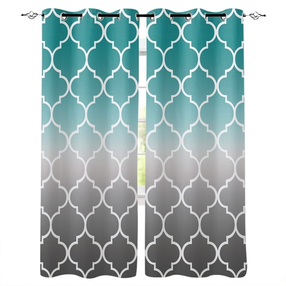 Teal Grey Ombre Morocco Pattern Blackout Curtains 39 Inches Long, Modern Moroccan Geometric Thermal Insulated Black Out Curtains, Short Darkening Window Curtain for Cafe Bedroom 27.5"x39" 2 Panels