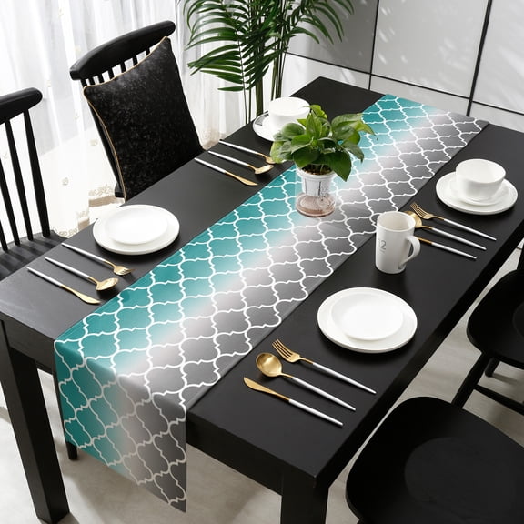 Teal Grey Ombre Morocco Pattern Cotton Linen Table Runner 18 x 72 inch Modern Moroccan Geometric Non-slip Rectangular Dining Table Decor for Wedding Party Holiday Dinner