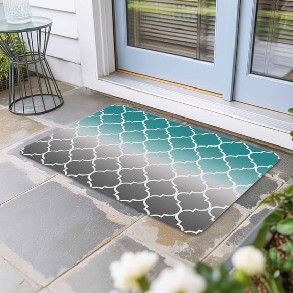 Teal Grey Ombre Morocco Pattern Door Mat Indoor Outdoor,Modern Moroccan Geometric Non Slip Welcome Mat with Rubber Backing,Absorbent Fabric Front Door Mats Entryway Rug for Home Entrance 16"x24"